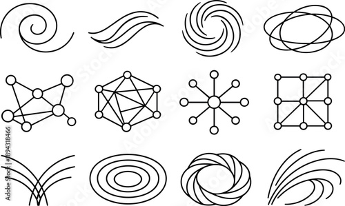 Line style of Abstract inspiration vector icons: swirl, spiral, flow, motion; shape, form, pattern, balance; network, node,
