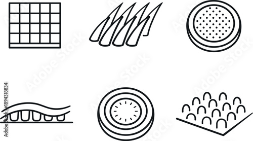 Line vector icons of adhesive surface inspired by gecko feet (gecko-style sticking): panel form, angled micro