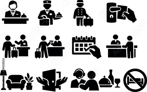 Solid vector icons of hotel service: reception, concierge, bellhop, keycard, checkin, checkout, reservation,