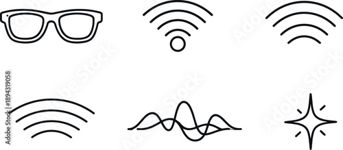 Wi-Fi Vision Glasses Icons. Line vector icons of glasses that let you see Wi-Fi signals as colored waves (signal-vision eyewear):