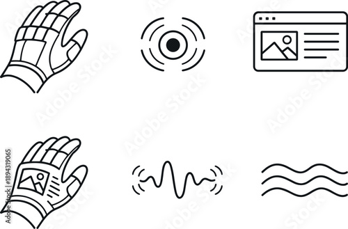 Line vector icons of a glove translating a webpage’s texture onto skin (web-to-skin haptics): glove panel,