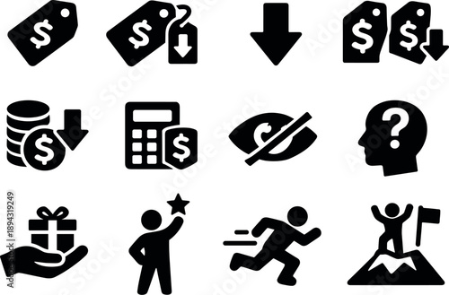 Solid vector icons of price reduction process: originalprice, newprice, arrowdown, comparison, savingsamount,
