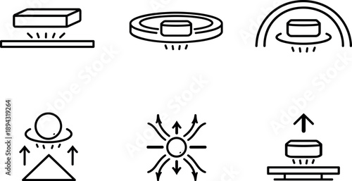 Magnetic Levitation Icons. Line style icons of room-temperature magnetic levitation: floating magnet outline, levitation gap ring,