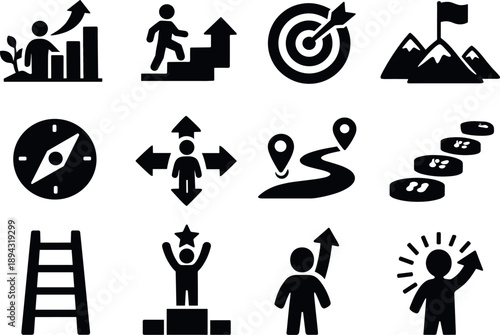 Icons of Personal Growth. Solid vector icons of personal growth: growth, progress, goal, milestone, compass, direction, path, step