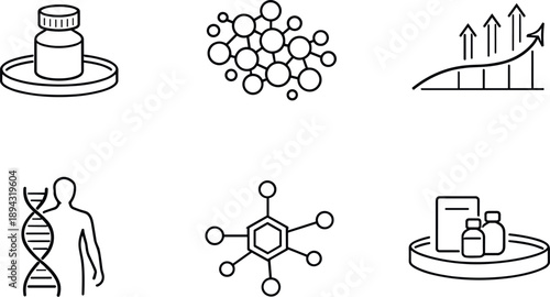 Line style icons of shelf-ready nano enhancers: capped bottle plate, dispersed nano cluster, energy-rise curve,