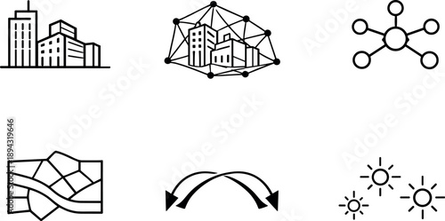 Line vector icons of a city where every building has its digital twin (city-wide twin network): building symbol,