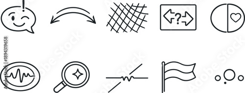 Sarcasm Detection Icons. Line style icons of sarcasm-detecting text system: irony cue node, tone-shift arc, context mesh stripe,