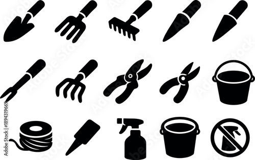 Solid vector icons of hand gardening equipment: handtrowel, handfork, handrake, dibber, weeder, cultivator,