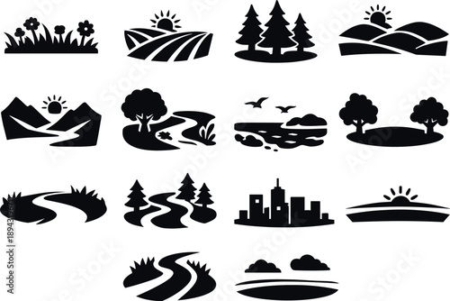Seasonal Rebirth Landscape. Solid vector icons of seasonal rebirth landscape: meadow, field, forest, hill, valley, riverbank,