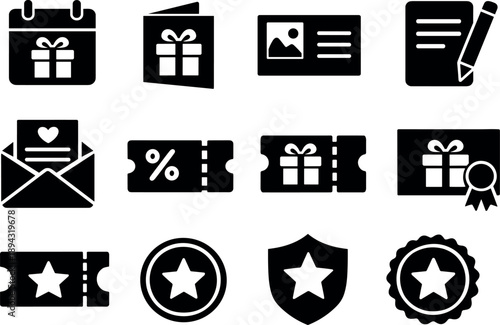 Solid vector icons of gift occasion elements: calendar, card, postcard, note, invitation, voucher, coupon,