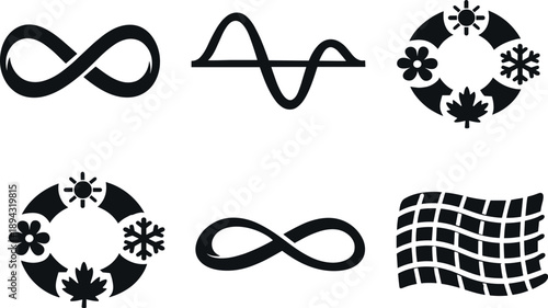 Solid style icons of seasonal-cycle condensation: repeated-year wave, peak–trough cycle, season-phase arcs,