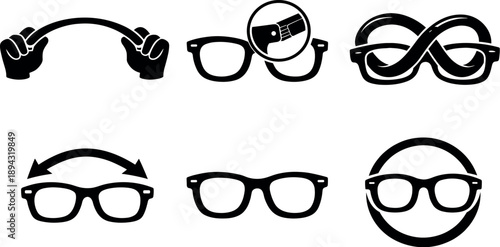 Solid style icons of flexible shape-memory glasses: bendable frame arc, resilient hinge node, deformation loop,