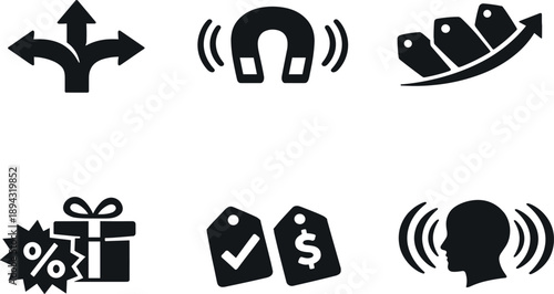 Solid style icons of shopper decision nudging: decision-path arrow, attention magnet node, choice-tilt arc,