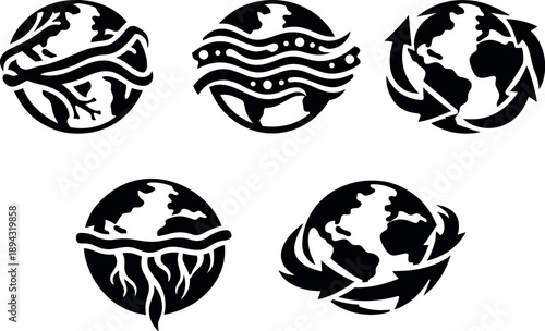 Solid style icons of oceans as planetary circulatory system: global ocean arteries, nutrient-flow lines,