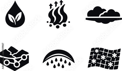 Solid style icons of hydrological cooling effects: transpiration droplet, rising moisture plume, cloud-formation