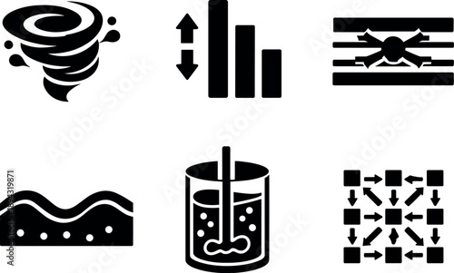 Solid style icons of ocean mixing processes: turbulence swirl, vertical mixing bars, cross-layer exchange node,