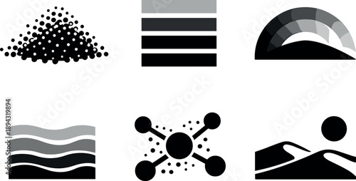 Solid style icons of sand as pigment: granular texture dot cluster, tone-density bars, natural gradient arc,