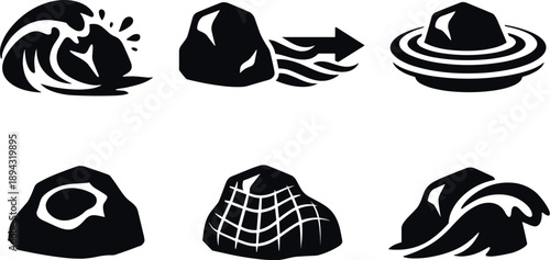 Solid style icons of sea–stone interaction: impact-wave symbol, retreat flow arrow, water-pressure ring,