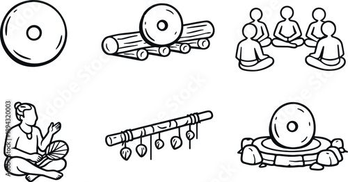 Yapese Stone Iconography. Line style vector icons of Yapese Rai stone exchange traditions: large perforated stone, transport log