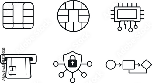 Line style vector icons of EMV chip card components: metallic contact pad, chip wafer outline, embedded-circuit