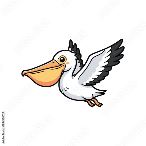 Flying cartoon pelican bird with open beak wings spread isolated on white background