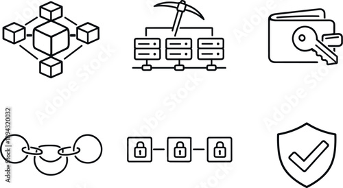 Line style vector icons of blockchain ecosystem elements: distributed-ledger cube, mining-node cluster,