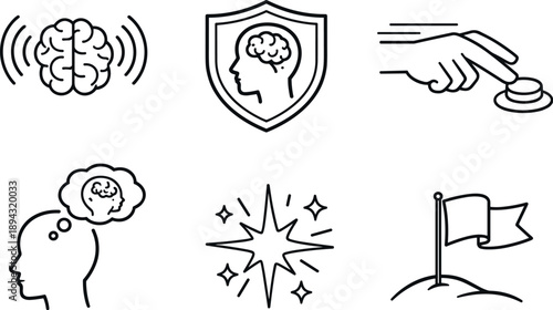 Line style vector icons of neural self-control tension: craving-signal icon, executive-control badge,