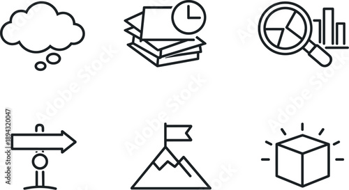 Line style vector icons of motivational obstacles: worry-bubble cloud, task-postpone stack, overanalyze-circle,