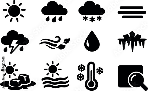 Solid vector icons of weather transition: sunshine, rainfall, snowfall, fog, storm, breeze, humidity, frost,