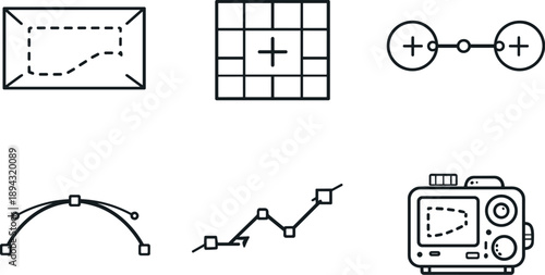 Line style icons of visual repair mapping: projected outline band, alignment grid tile, match-point bead, guided