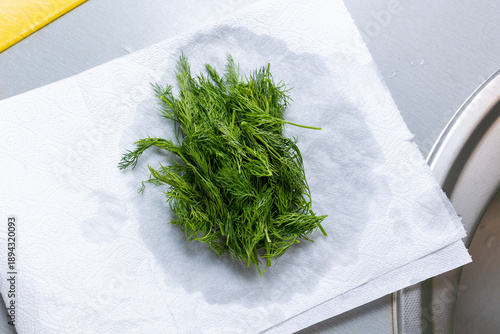 Fresh green dill on light paper towel