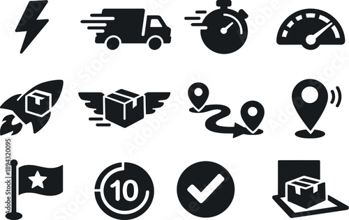 Solid vector icons of fast shipping: lightning, deliverytruck, stopwatch, speedometer, rocketbox, expresslabel,
