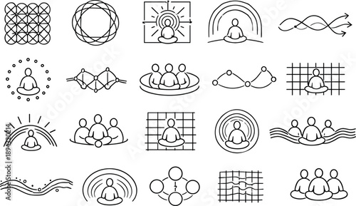 Line style icons of network-linked meditation rituals: calm lattice patch, unified breath ring, collective