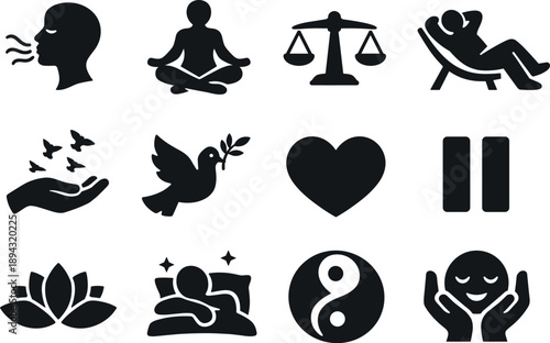 Solid vector icons of stress relief: breathing, calm, balance, relaxation, release, peace, heart, pause,