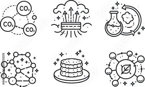 Line vector icons of air-derived protein created from carbon dioxide (CO₂-converted biomass): CO₂ cluster,