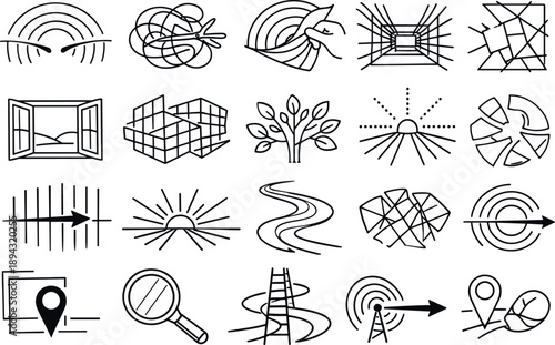 Line vector icons of seeking escape from an algorithmic info shell: boundary-gap arcs, bias-thread cuts,