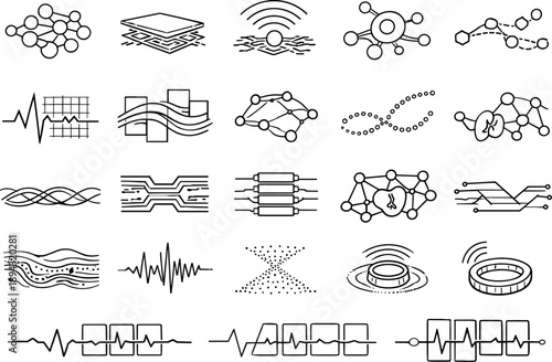 Nanosensor Biometric Data Icons. Line vector icons of embedded nanosensors streaming biometric data: nano-bead nodes, tissue-scan