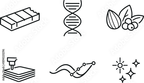 Line vector icons of a personalized bar printed according to DNA (custom nutrient print): bar block, DNA pair,