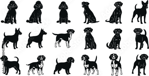Black and white dog silhouettes collection featuring diverse breeds, unique canine profiles, pet illustration design elements for creative projects