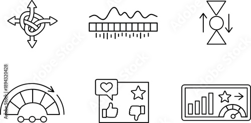 Line style icons of dynamic reputation devices: social-signal knot, real-time readout stripe, rating-delta bead,