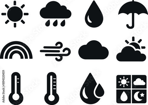 Solid vector icons of spring weather: sunshine, raincloud, raindrop, umbrella, rainbow, breeze, cloud, clearing,