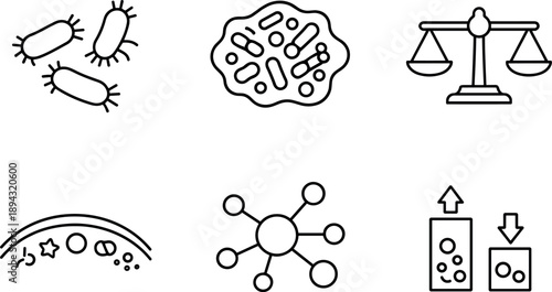 Skin Microbiome Icons. Line style icons of skin microbiome elements: beneficial bacteria shape, microbial cluster outline, balance