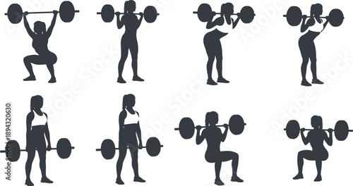 Black fitness silhouette collection showing barbell exercises, strength training movements, workout illustration elements for gym, health, and sports design projects