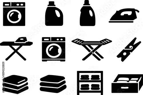 Laundry Icons Set. Solid vector icons of laundry household chores: washingmachine, detergent, softener, iron, ironingboard, dryer,