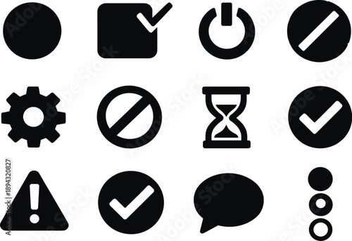 Solid vector icons of system state logic: state, status, active, inactive, enabled, disabled, pending, completed