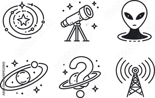 Line style vector icons of interstellar paradox: starfield-diagram icon, observing-telescope motif,