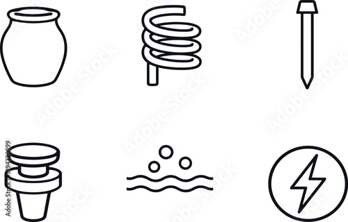 Line style vector icons of ancient galvanic cell: clay-container icon, copper-tube motif, iron-rod outline,