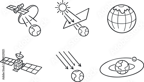 Line style vector icons of solar illumination satellites: orbital-mirror icon, sunlight-reflection motif, planet