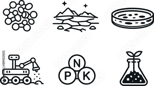 Line style vector icons of preparing Martian soil: bacterial-cluster icon, red-ground outline,