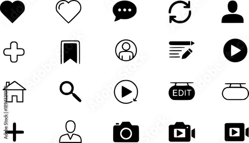 New update Instagram icon set including symbols of home, like, comment, search, user, repost, share
